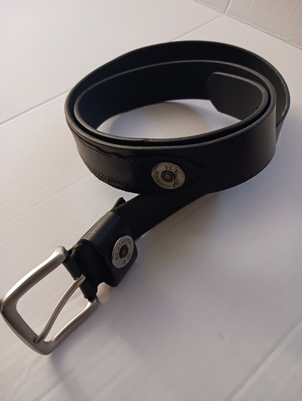Remington 12 GA Silver Tone Shotgun Shell Black Leather Belt 3X 50-52